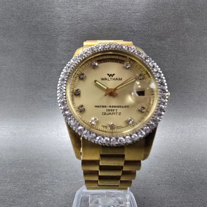 Waltham President Watch Men 36mm Gold Dial Gold Tone Daydate Round New Battery6