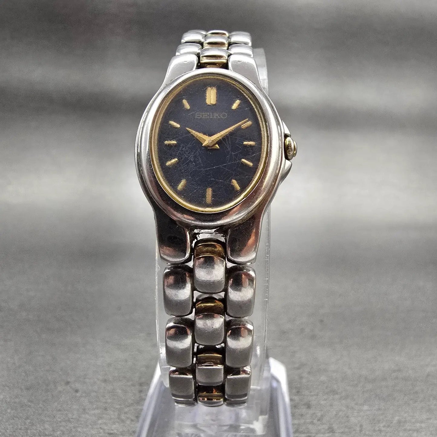 Seiko Watch Women 18mm Blue Dial Two Tone Oval 1N00-6T20 New Battery Vintage5