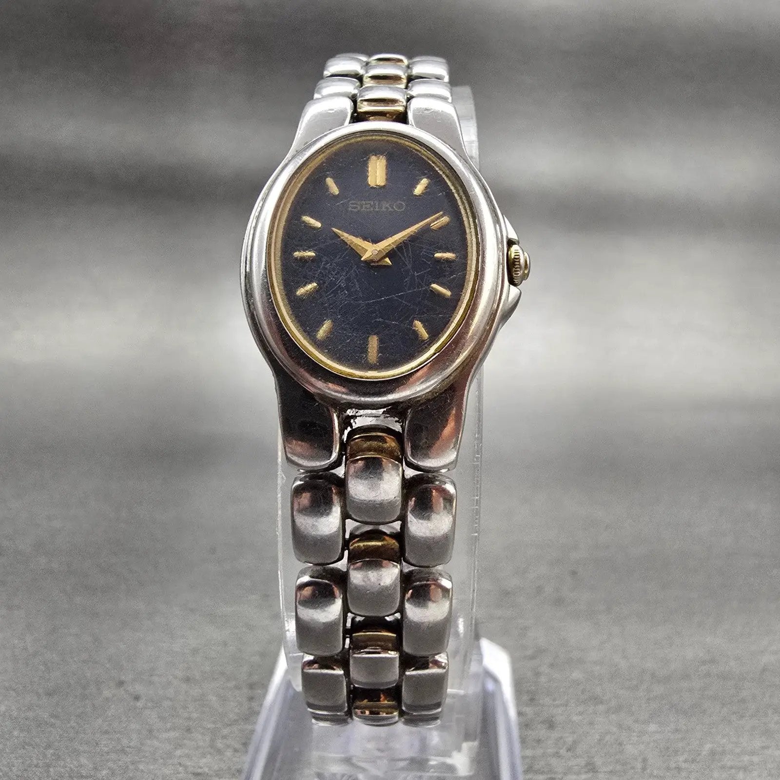 Seiko Watch Women 18mm Blue Dial Two Tone Oval 1N00-6T20 New Battery Vintage5