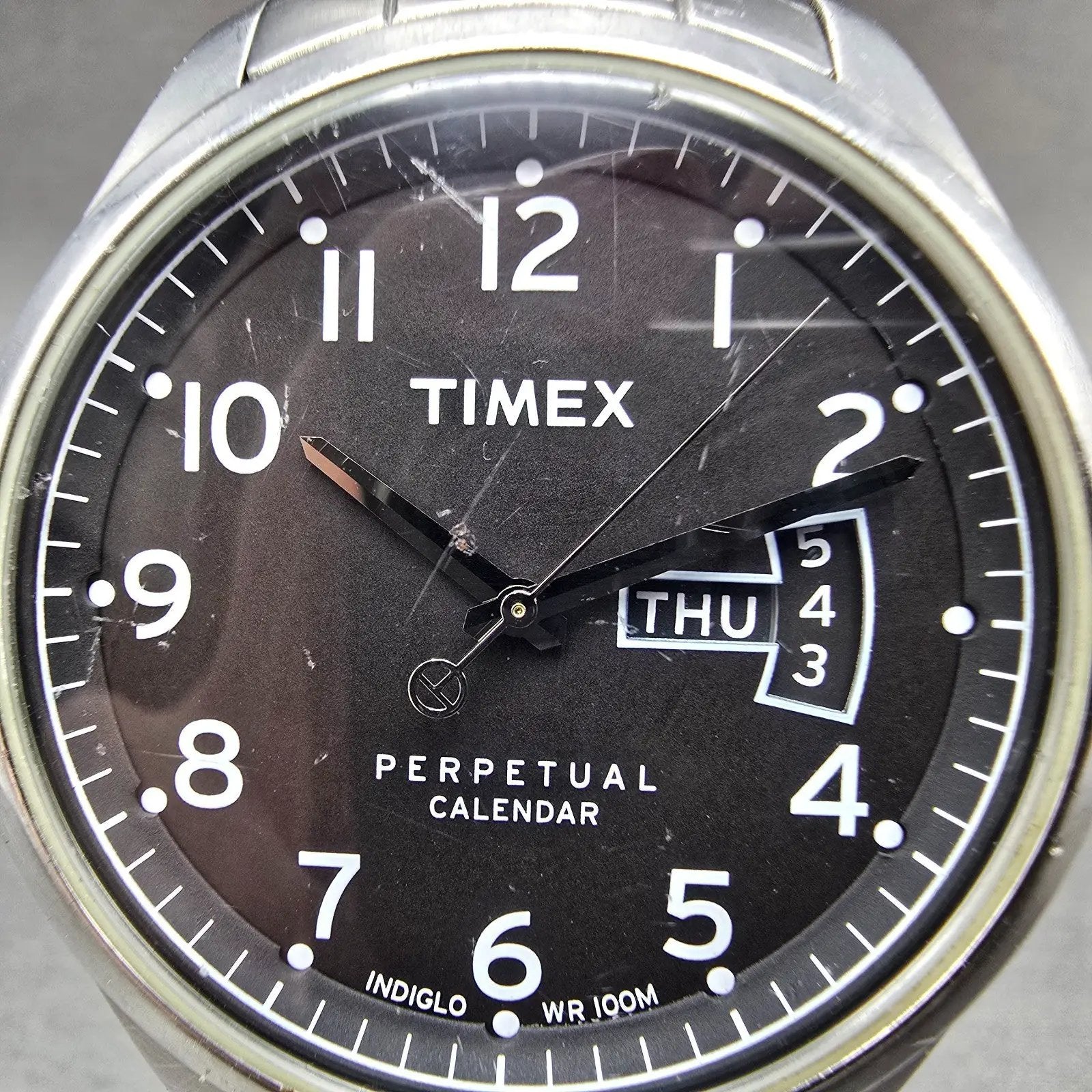 Timex Perpetual Calendar Watch Men 40mm Black Dial Silver Tone Daydate New Batt1