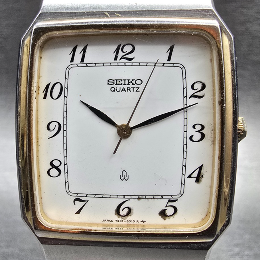 Seiko Watch Men 30mm White Dial Two Tone Rectangle 7431-5010 New Battery1