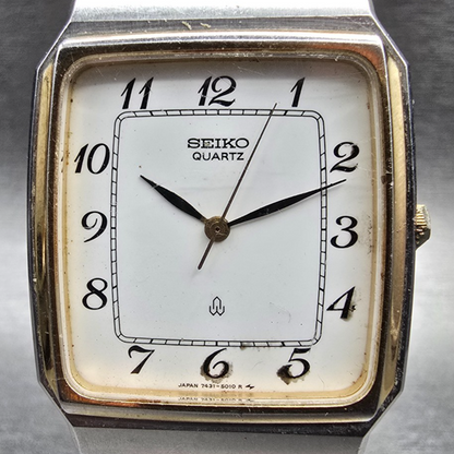 Seiko Watch Men 30mm White Dial Two Tone Rectangle 7431-5010 New Battery1