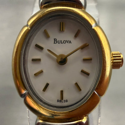 Bulova Watch Women 17mm White Dial Two Tone Oval 98L39 New Battery1