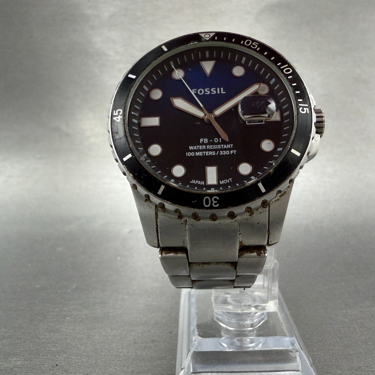 Fossil FB-01 Dive Watch Men 42mm Blue Dial Silver Tone Date FS5668 New Battery5