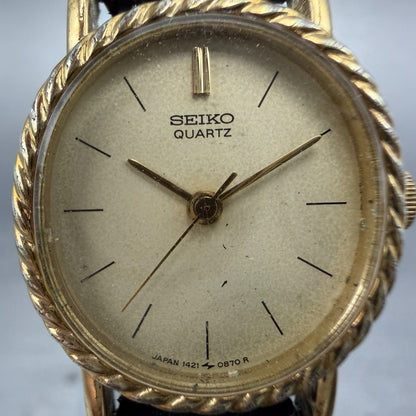 Seiko Watch Women 19mm Champagne Dial Gold Tone Oval 1421-5510 New Battery VTG 21