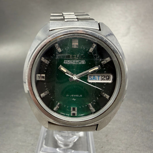 Seiko 5 Actus Watch Men 37mm Green Dial Silver Tone Daydate 7019-7350 Runs VTG0