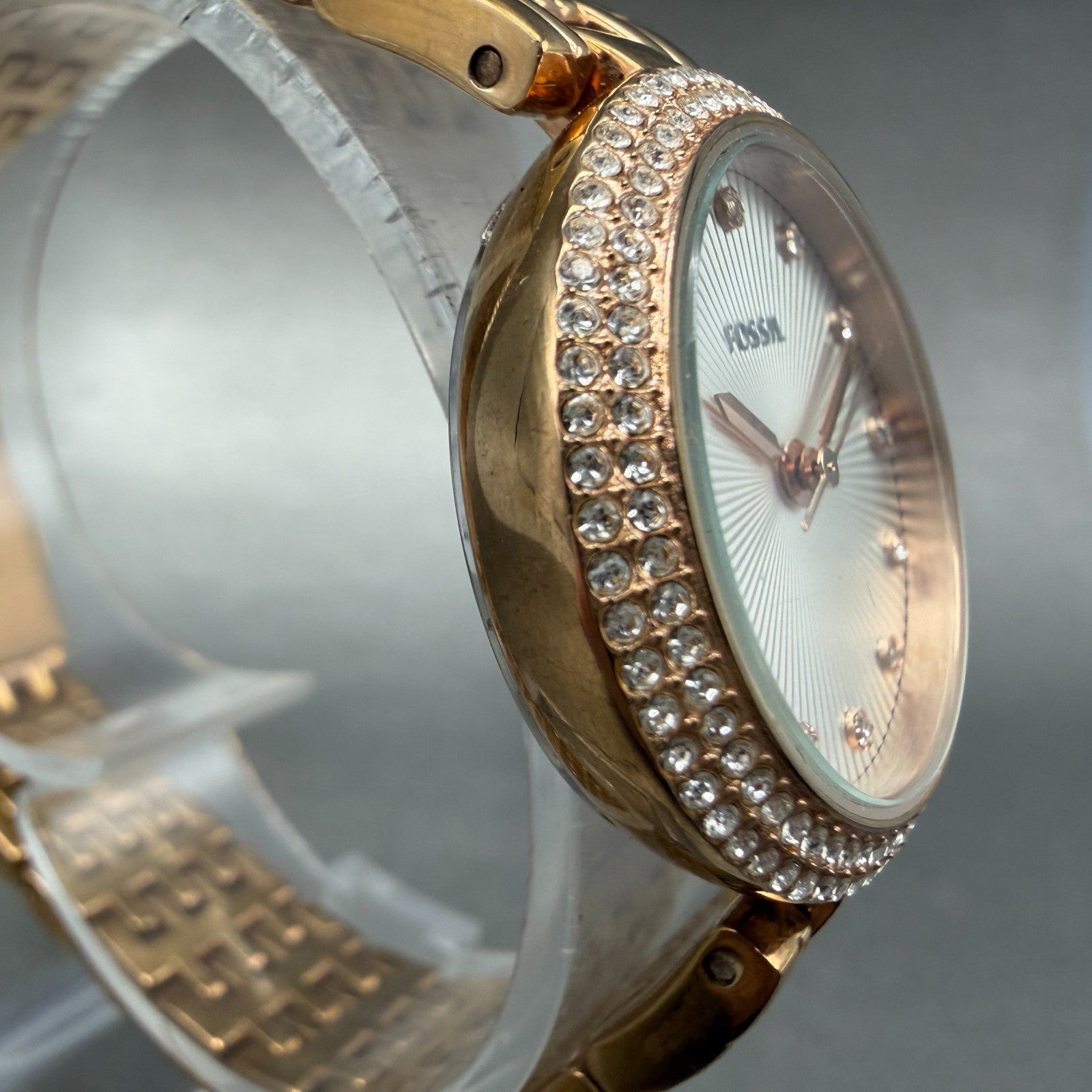 Fossil Olive Watch Women 28mm Silver Dial Rose Gold Crystal Bezel ES3347 NewBatt3