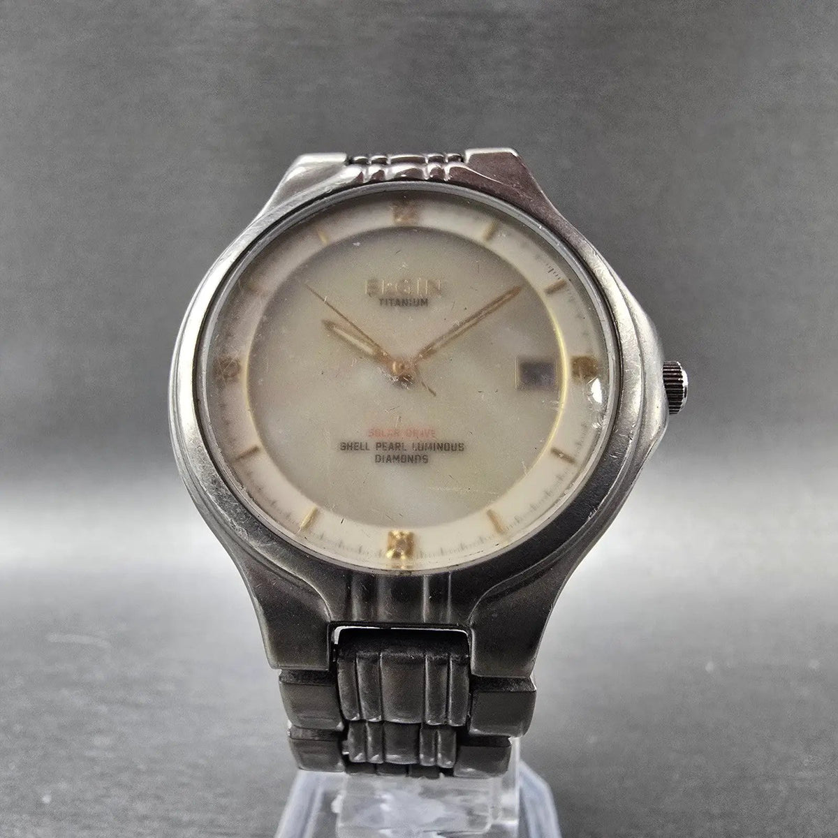 Elgin Solar Watch Men 35mm MOP Dial Titanium Date Round FK-1066 Runs READ!!!!5