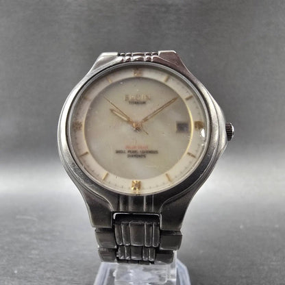 Elgin Solar Watch Men 35mm MOP Dial Titanium Date Round FK-1066 Runs READ!!!!5