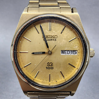 Seiko SQ 100 Watch Men 33mm Gold Dial Gold Tone Daydate Round 8123-6150 PARTS
