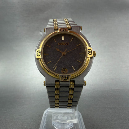 Gucci 9000M Watch Men 32mm Silver Dial Two Tone Date Round Bracelet New Battery5