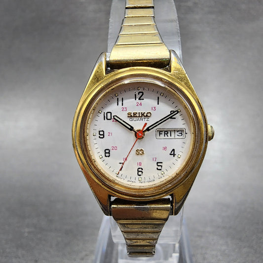Seiko SQ Watch Women 24mm White Dial Gold Tone Daydate Round 7N836A09 New Batt0