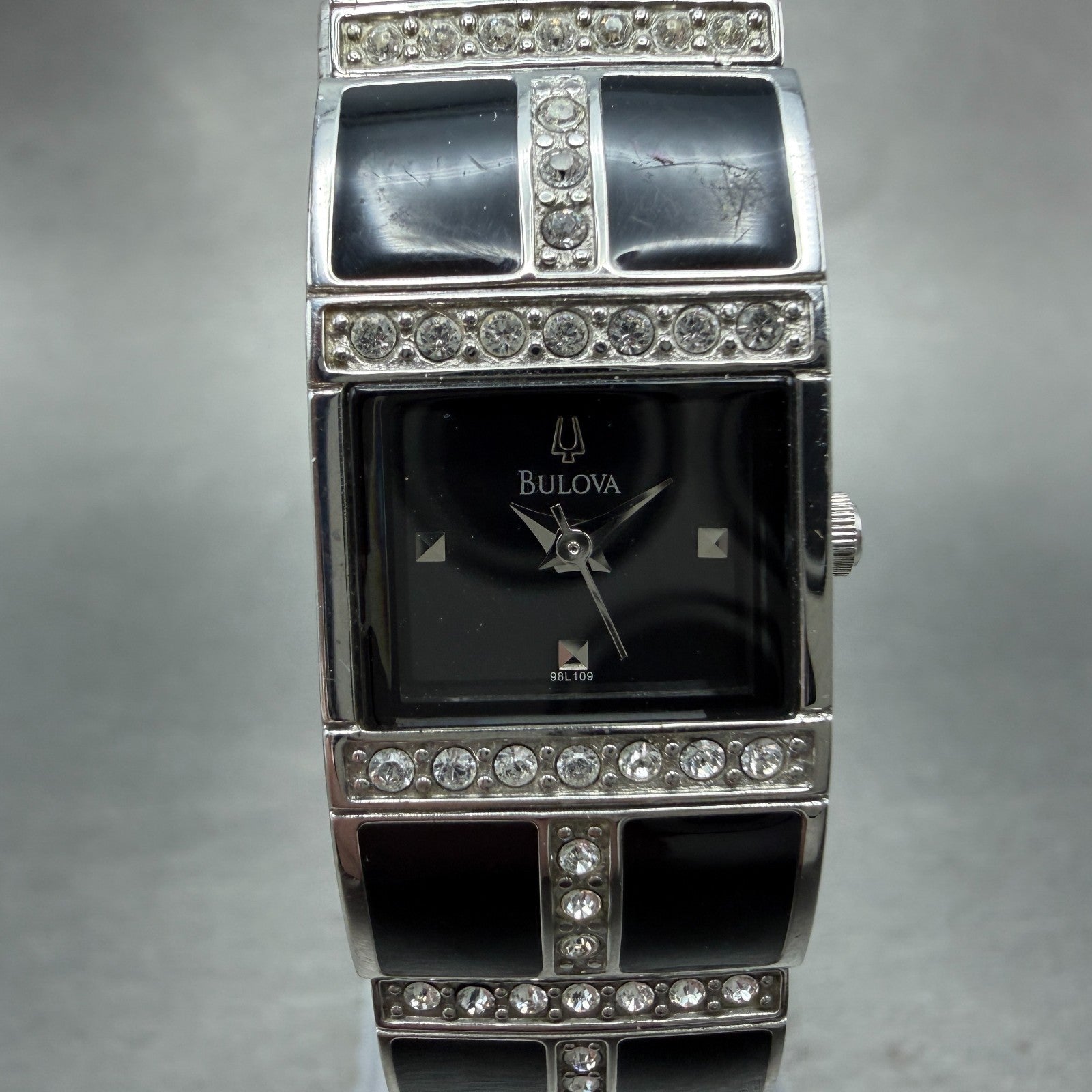 Bulova Tank Watch Women 17mm Black Dial Black & Silver Tone 98L109 New Battery0
