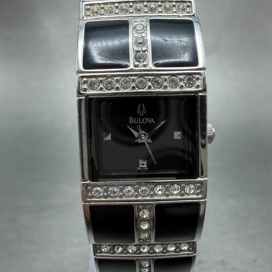 Bulova Tank Watch Women 17mm Black Dial Black & Silver Tone 98L109 New Battery0