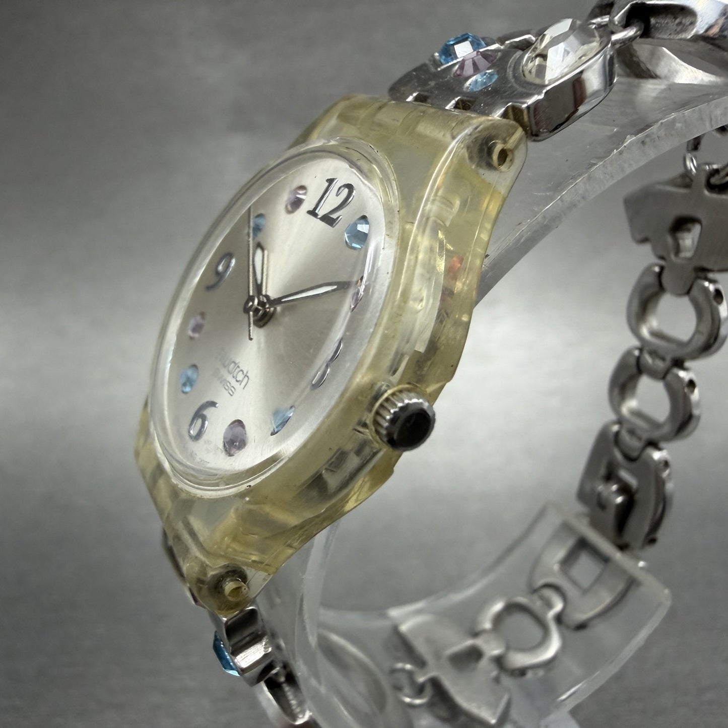 Swatch Menthol Tone Watch Women 25mm Silver Dial Clear Case Quartz LK292G NewBat2