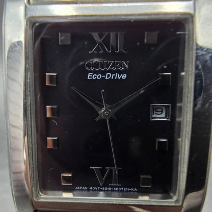 Citizen Eco-Drive Tank Watch Men 26mm Black Dial Silver Tone Date Rectangle Runs1