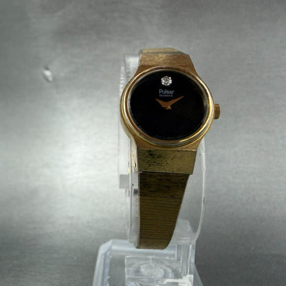Pulsar Watch Women 18mm Black Dial Gold Tone Round Y590-0109 New Battery5