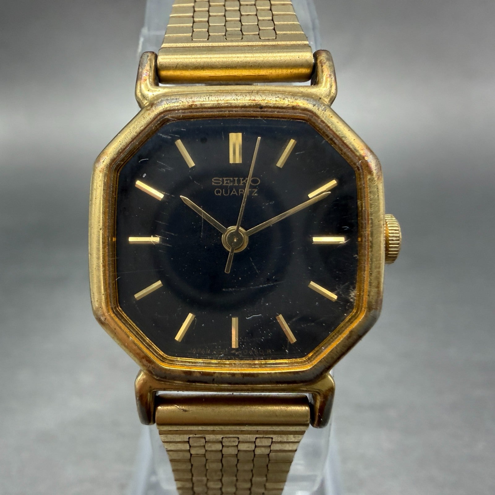 Seiko Watch Women 20mm Black Dial Gold Tone Octagon 2C21-5170 New Battery VTG FC0
