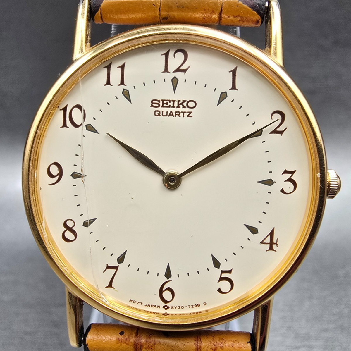 Seiko Watch Men 31mm Ivory Dial Gold Tone Round 5Y30-7009 New Battery VTG JP341