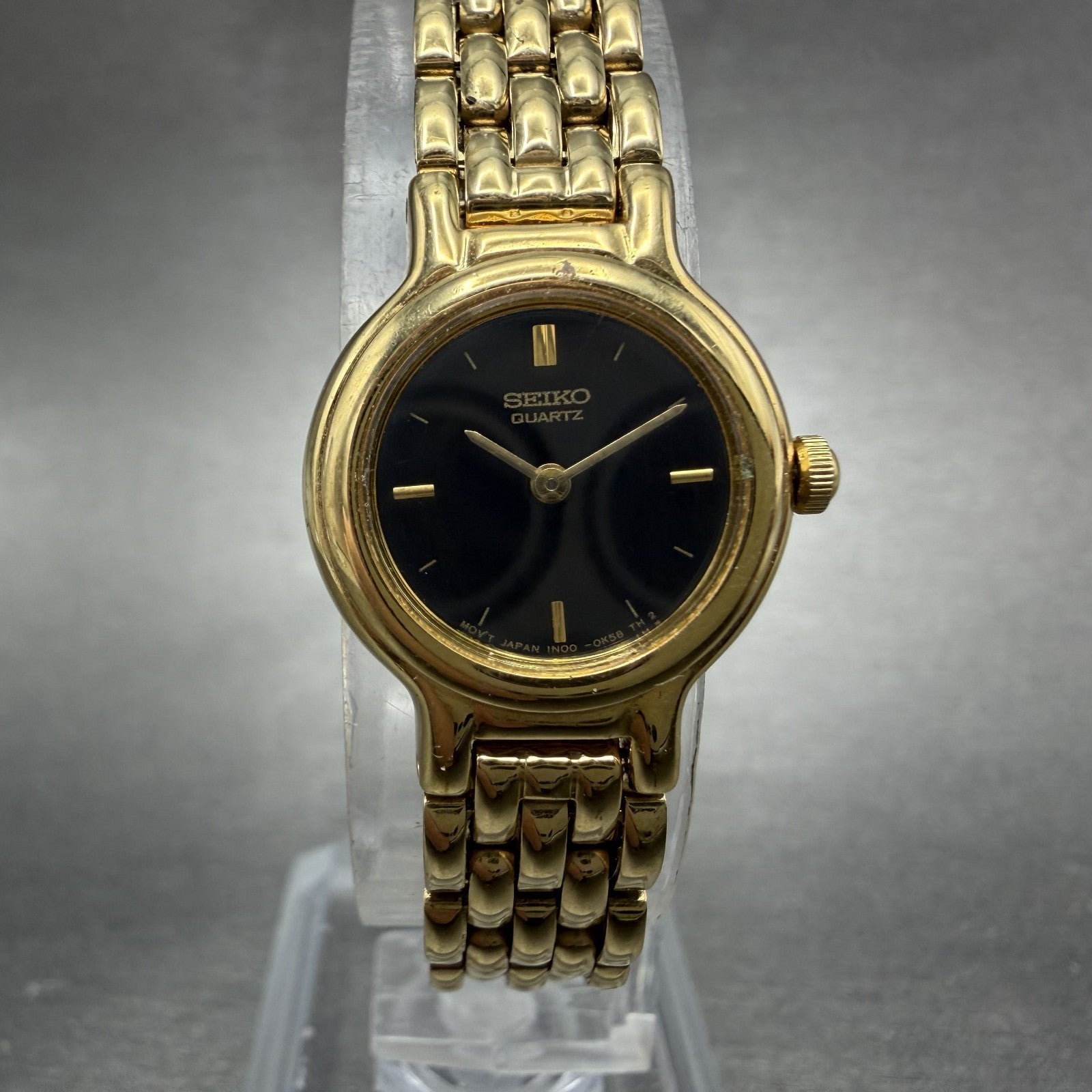 Seiko Watch Women 19mm Black Dial Gold Tone Round Vintage 1N00-0C49 New Battery0