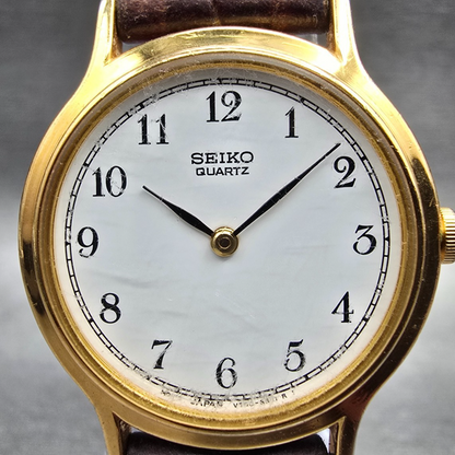 Seiko Watch Women 26mm White Dial Gold Tone Round V700-6091 New Battery VTG JP331