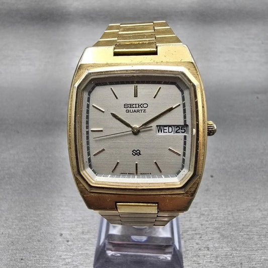 Seiko SQ Watch Men 32mm Silver Dial Gold Tone Daydate 8223-5249 New Battery VTG0