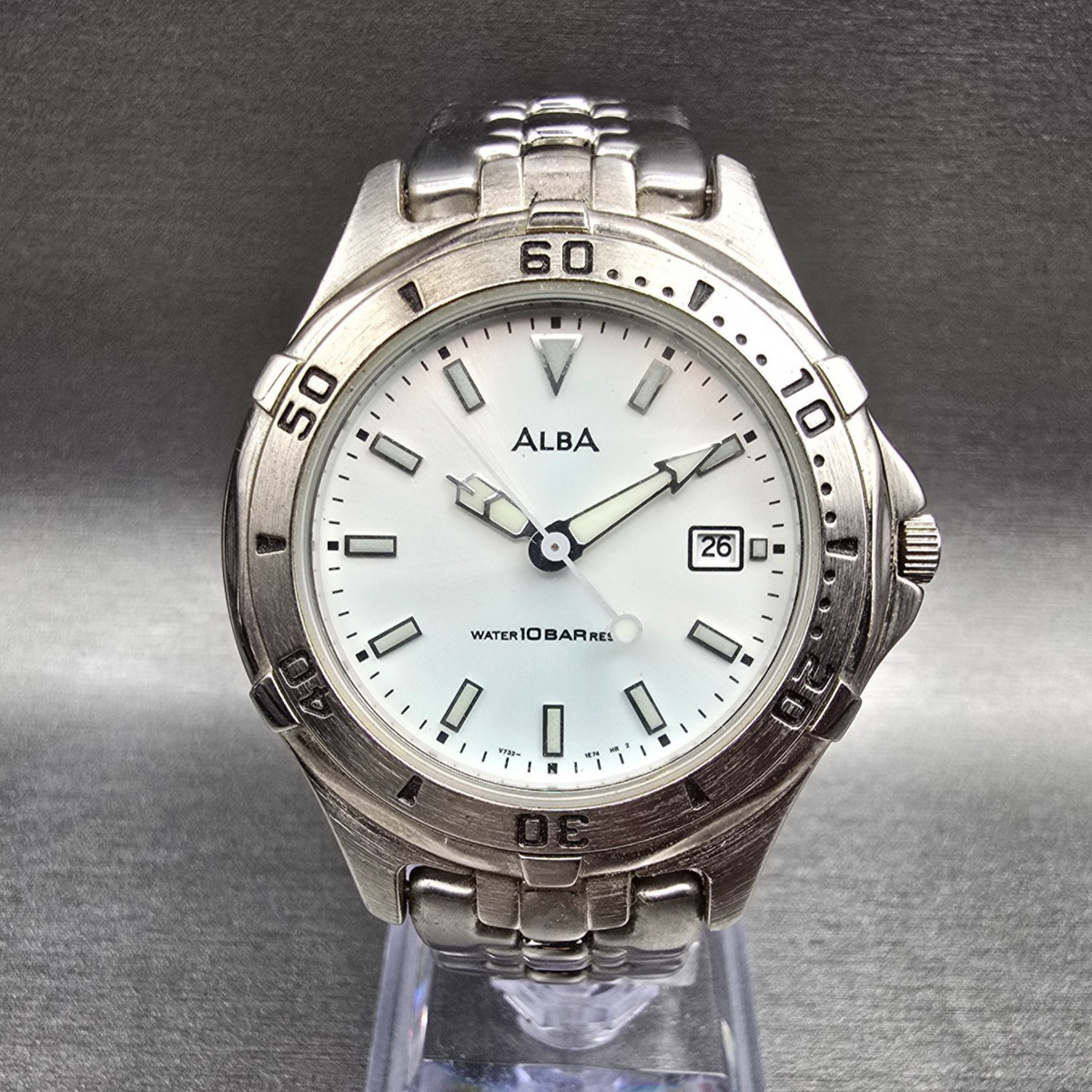 Alba Dive Watch Men 38mm White Dial Silver Tone Date Round V730-0R20 New Batt0