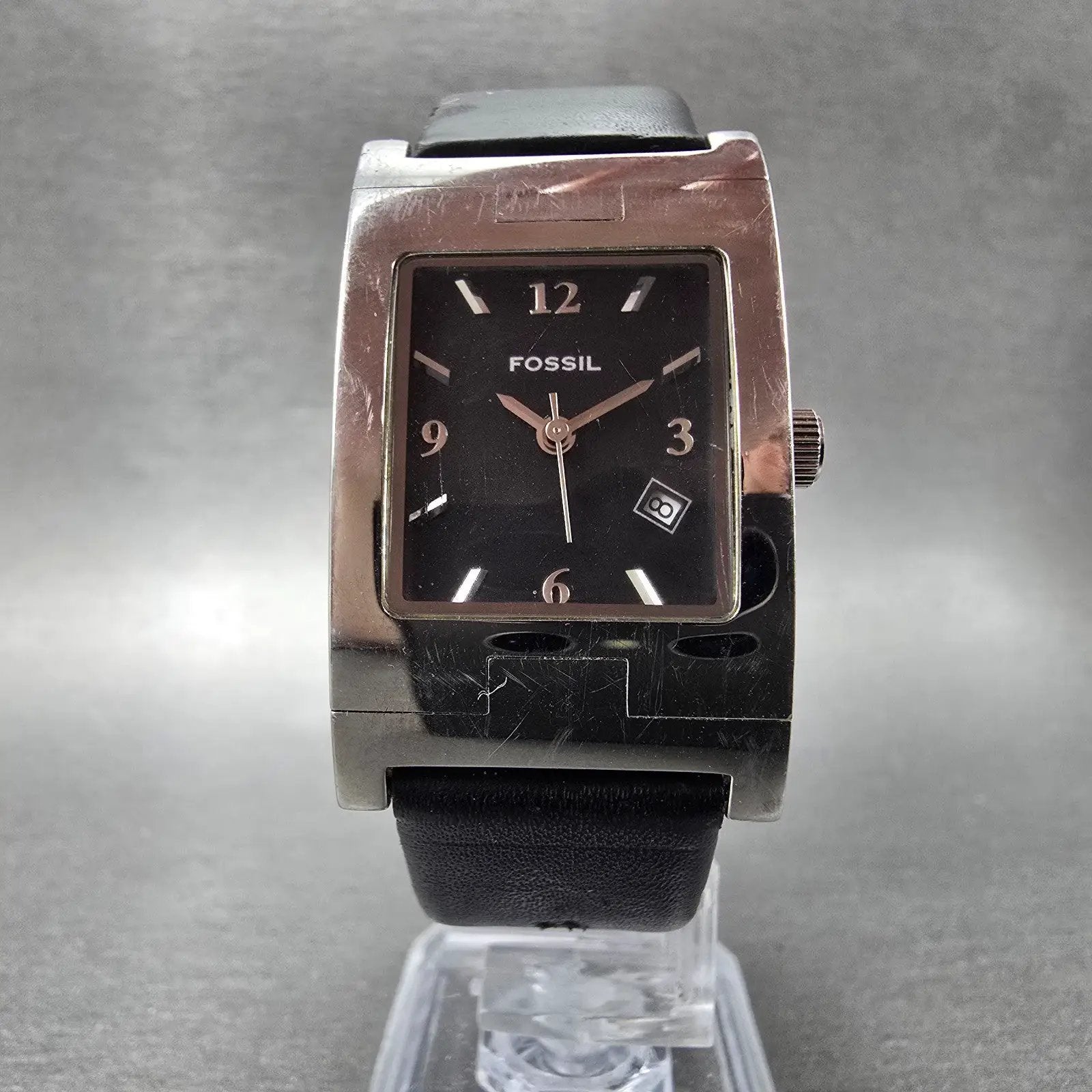 Fossil Tank Watch Women 24mm Black Dial Silver Tone Date PR-5229 New Battery5