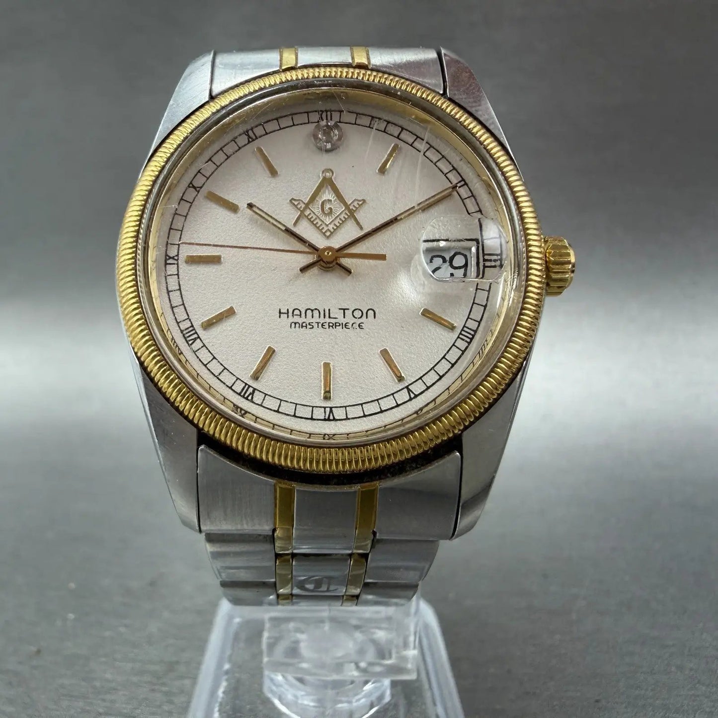 Hamilton Masterpiece Freemason Watch Men Silver Dial Two Tone Date Round New Bat5