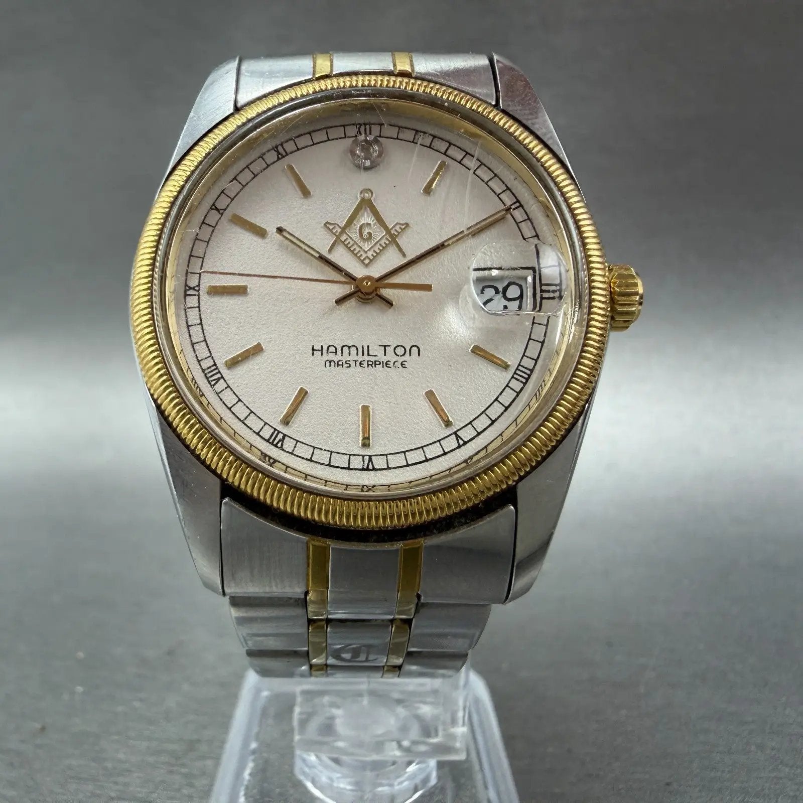 Hamilton Masterpiece Freemason Watch Men Silver Dial Two Tone Date Round New Bat5