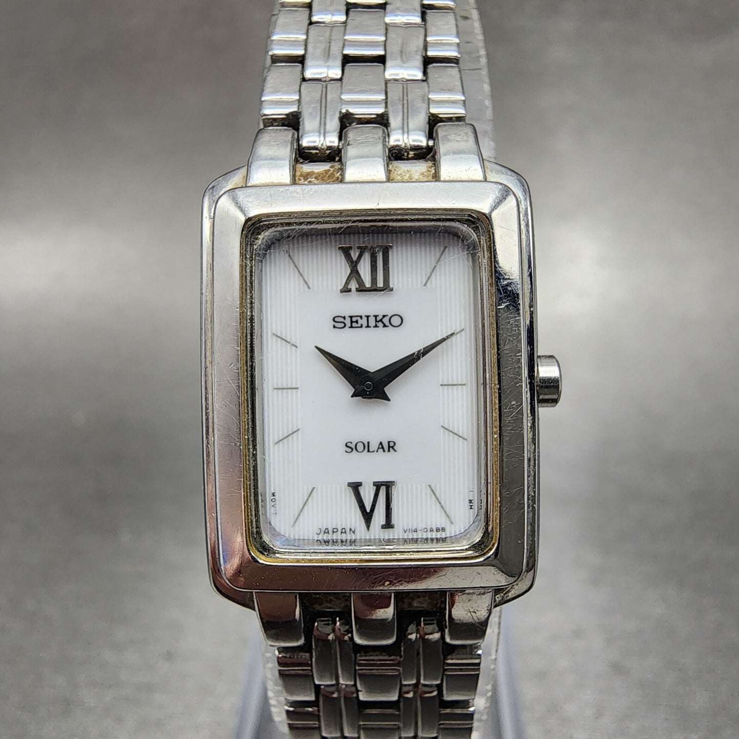 Seiko Solar Tank Watch Women 18mm White Dial Steel Rectangle V1140AC0 Runs0