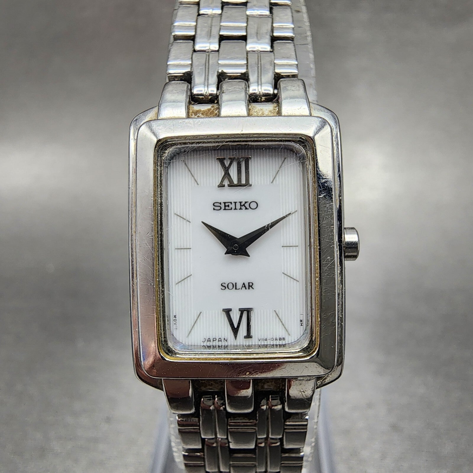 Seiko Solar Tank Watch Women 18mm White Dial Steel Rectangle V1140AC0 Runs0