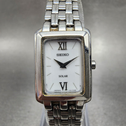 Seiko Solar Tank Watch Women 18mm White Dial Steel Rectangle V1140AC0 Runs0
