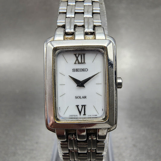 Seiko Solar Tank Watch Women 18mm White Dial Steel Rectangle V1140AC0 Runs0