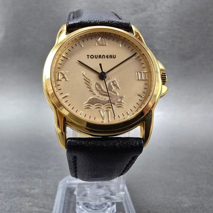 Tourneau Watch Women 30mm Gold Dial Gold Pegasus Round Leather New Battery5