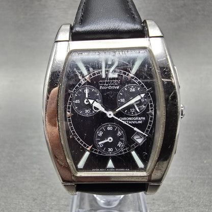 Citizen Eco-Drive Chronograph Watch Men 32mm Black Dial Titanium Date Runs KJKR0