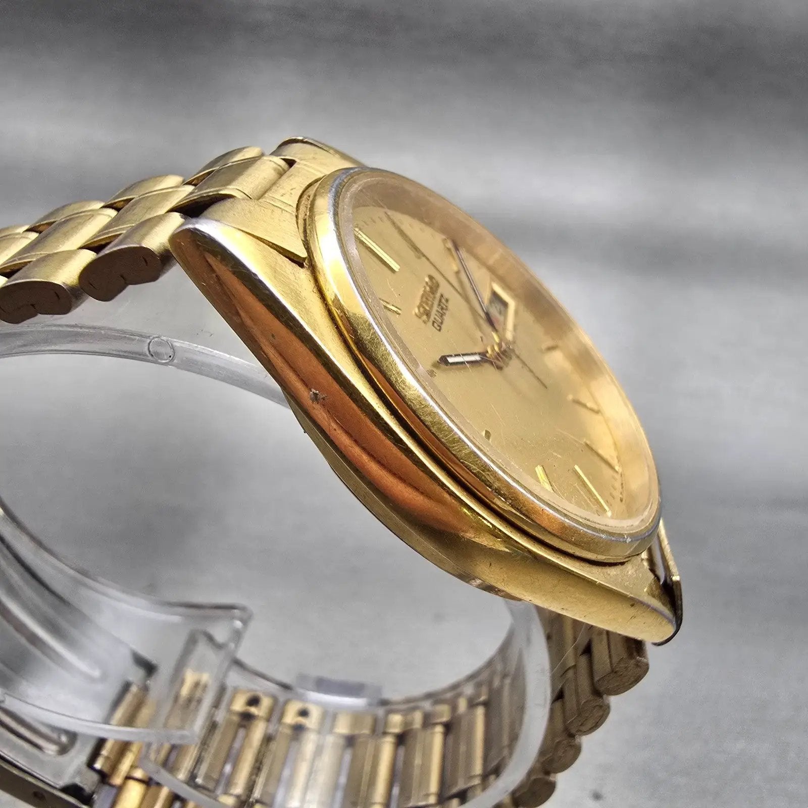 Seiko Watch Men 35mm Gold Dial Gold Tone Daydate Round 7N43-7A50 New Battery VTG3