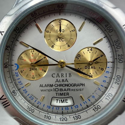 Seiko ALBA Carib Watch Men 36mm Silver Dial Steel Alarm Chrono N944-6A30 NewBatA1