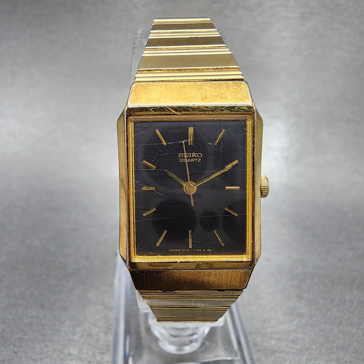 Seiko Tank Watch Women 19mm Black Dial Gold Tone Octagon 2C215220 New Battery0