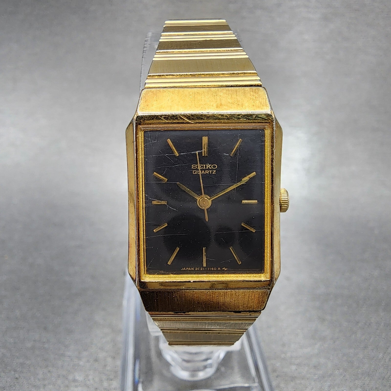 Seiko Tank Watch Women 19mm Black Dial Gold Tone Octagon 2C215220 New Battery0