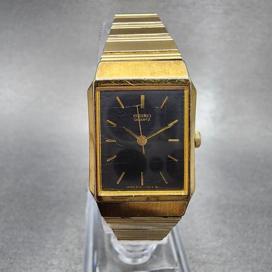 Seiko Tank Watch Women 19mm Black Dial Gold Tone Octagon 2C215220 New Battery0