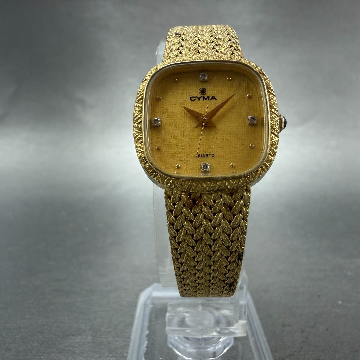 Cyma Watch Women 22mm Gold Dial Gold Tone Rectangle 806 New Battery Vintage5