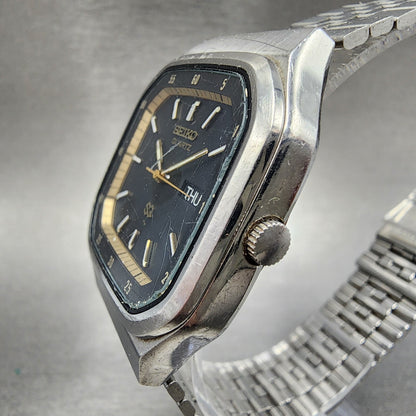 Seiko SQ Watch Men 36mm Black Dial Stainless Steel Daydate Rectangle New Battery