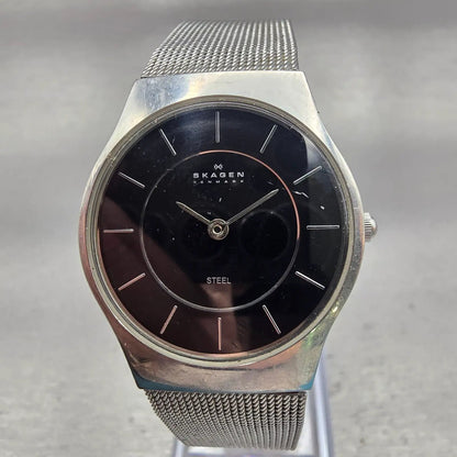 Skagen Steel Watch Women 29mm Black Dial Silver Tone Round 233SSSB New Battery0