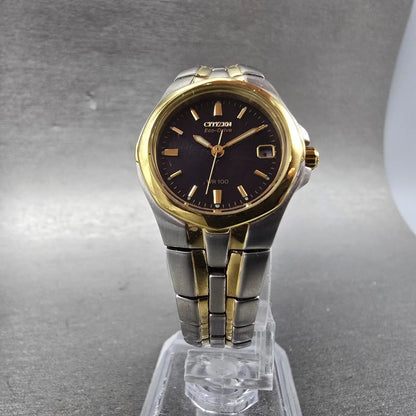 Citizen Eco-Drive Watch Women 24mm Black Dial Two Tone Date E011-K15711 Runs KO5