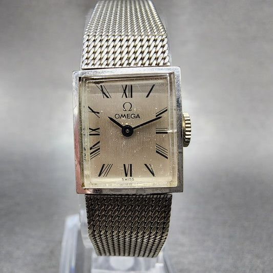 Omega Tank Watch Women 15mm Silver Dial 14K Gold Filled Rectangle Manual Wind A10