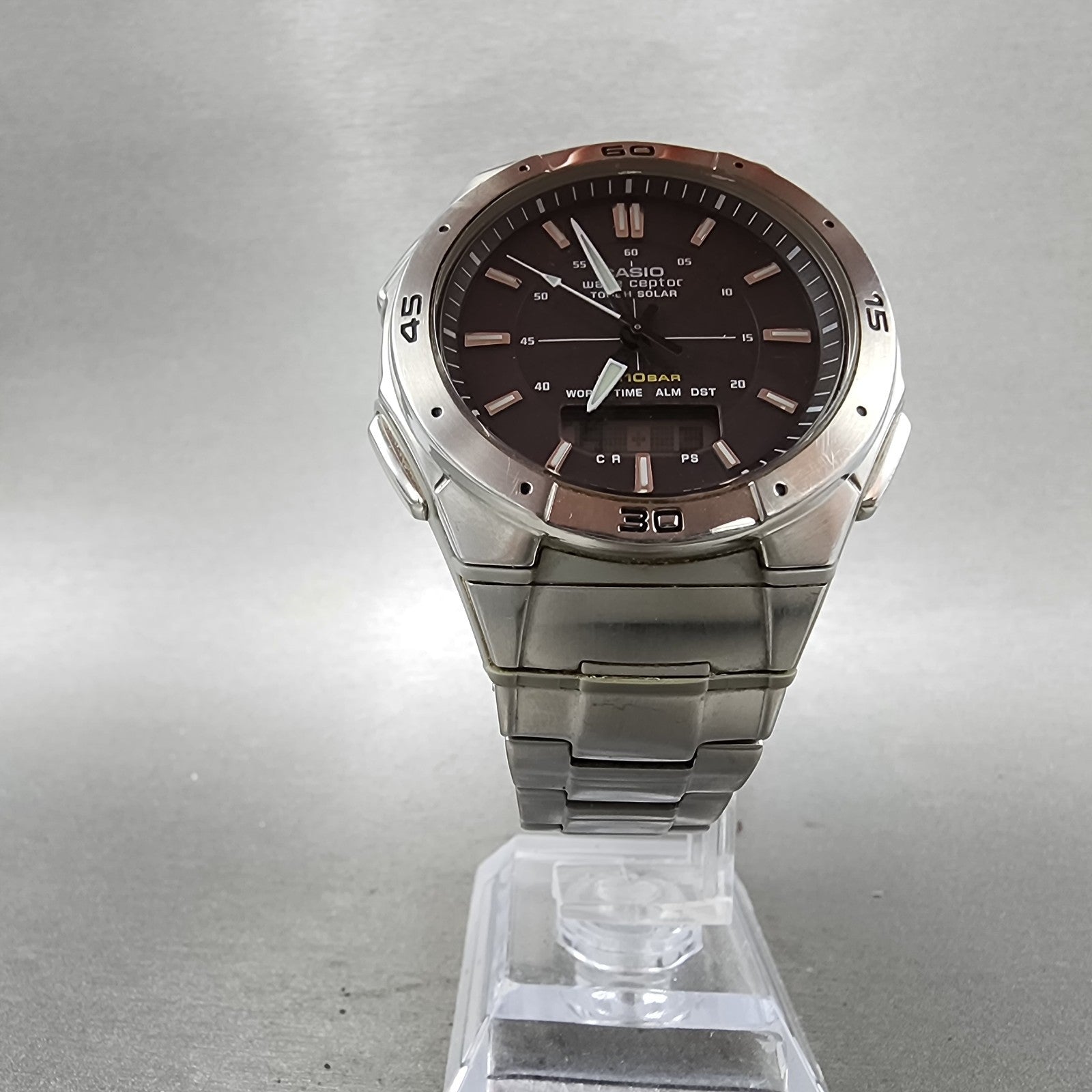 Casio Wave Ceptor Solar Watch Men 42mm Black Dial Analog Digital Steel Runs5