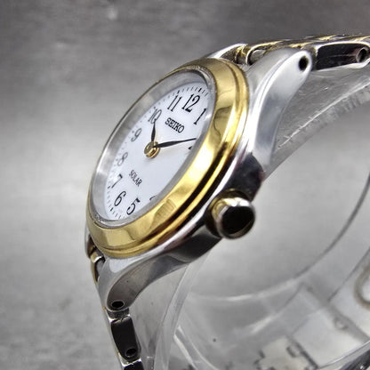 Seiko Solar Watch Women 22mm White Dial Two Tone Round V115-0AG0 Runs2