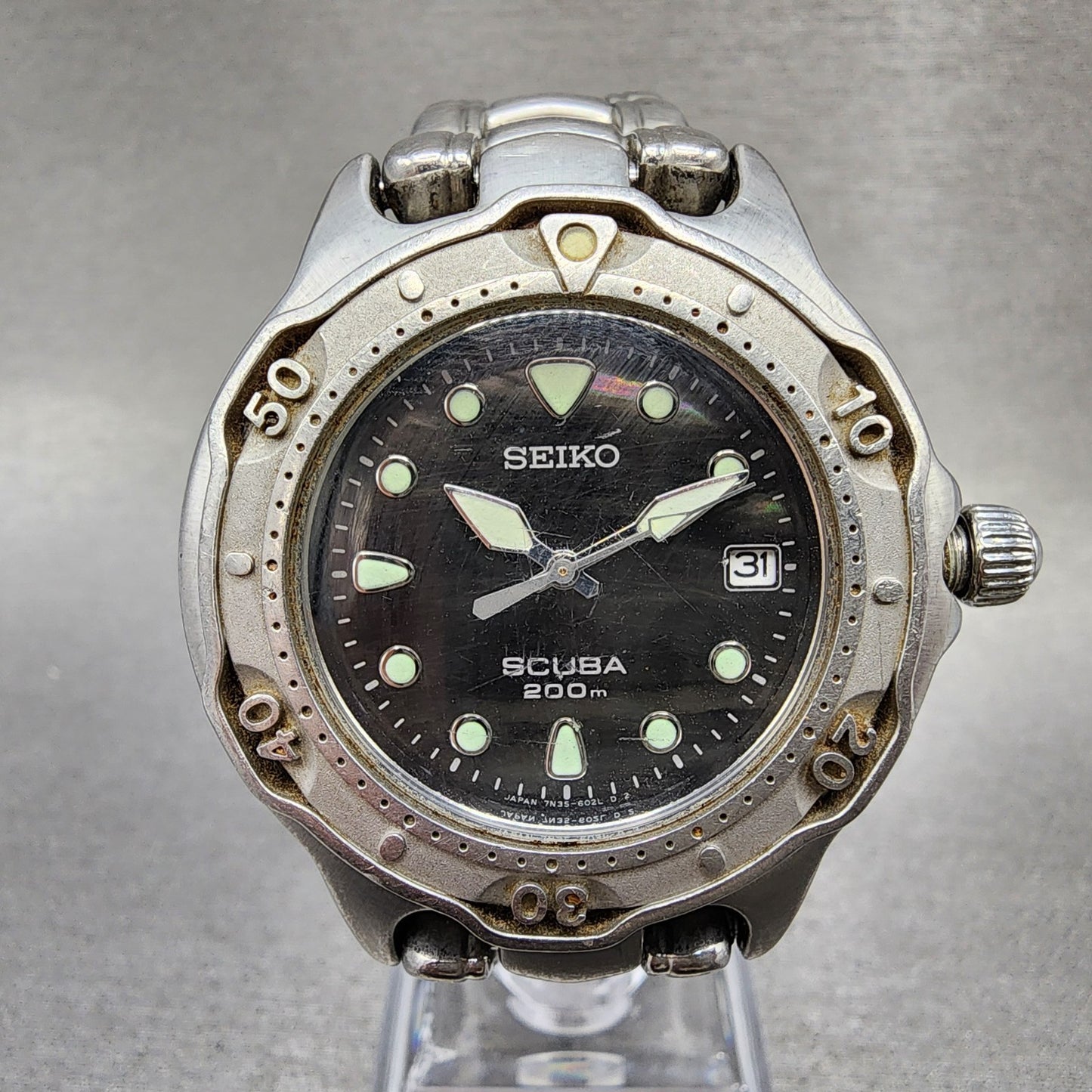 Seiko Scuba Diver Watch Men 38mm Black Dial Silver tone Date 7n356030 PARTS0