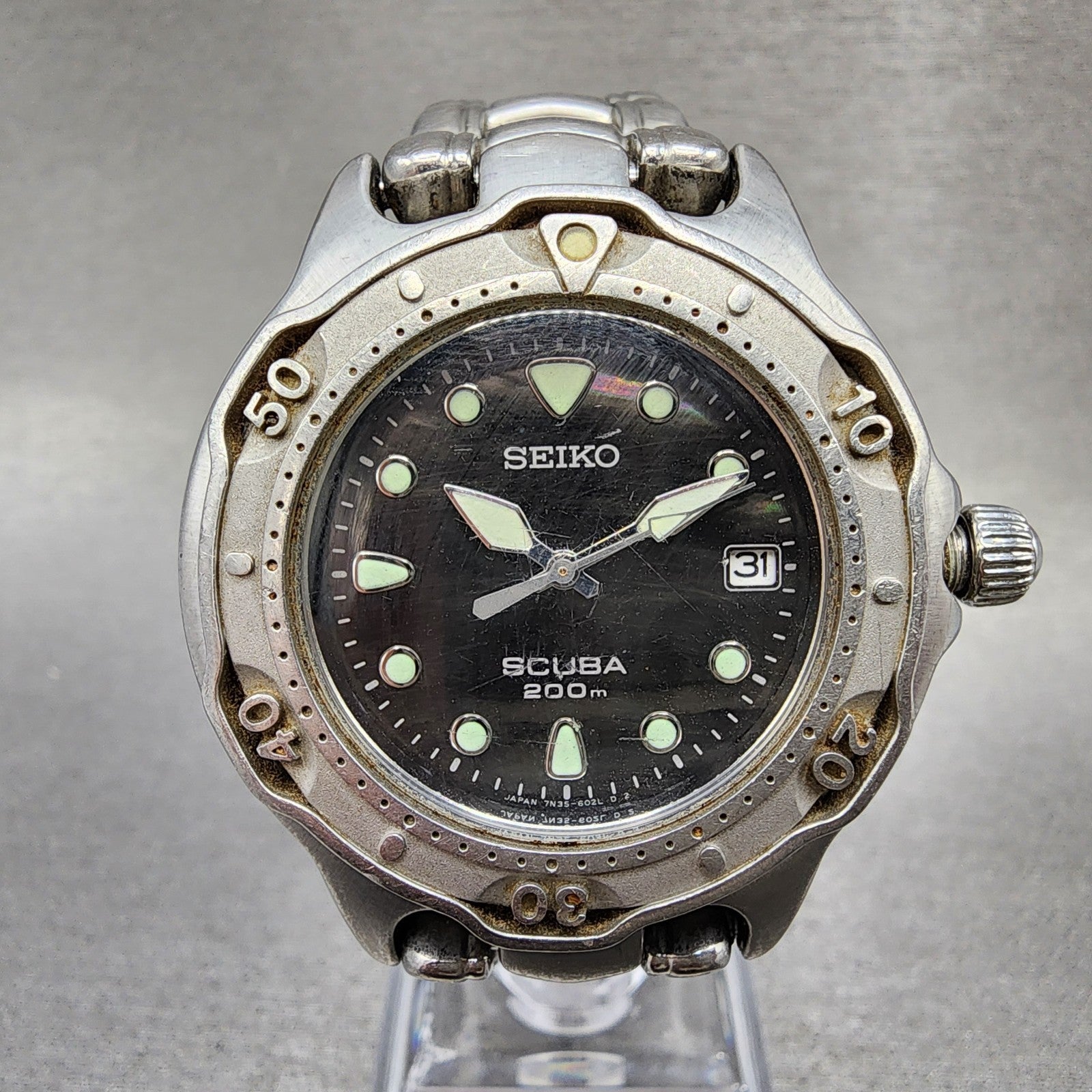 Seiko Scuba Diver Watch Men 38mm Black Dial Silver tone Date 7n356030 PARTS0